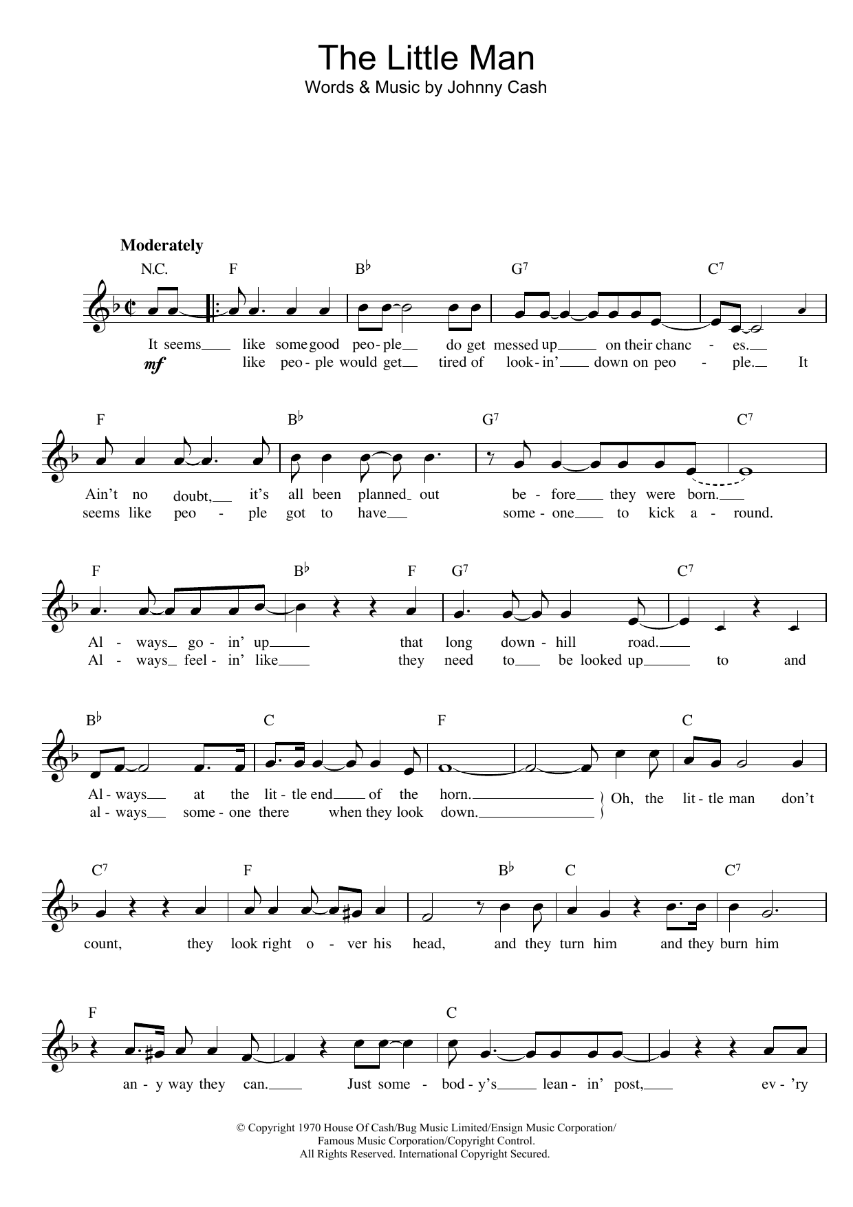 Johnny Cash The Little Man Sheet Music Notes & Chords for Melody Line, Lyrics & Chords - Download or Print PDF