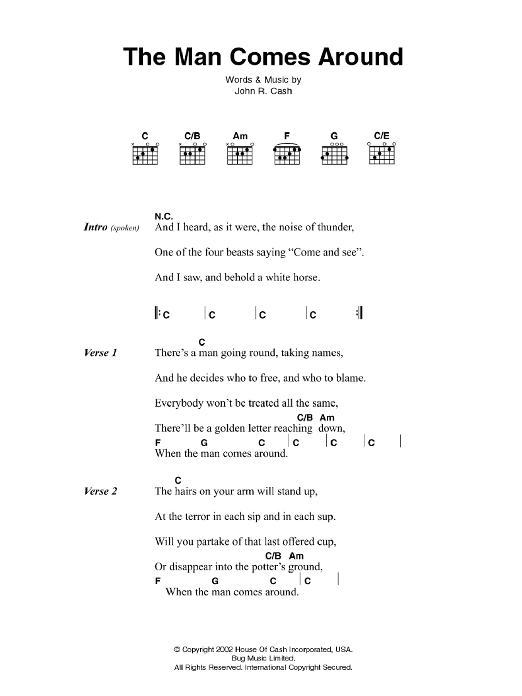 Johnny Cash The Man Comes Around Sheet Music Notes & Chords for Lyrics & Chords - Download or Print PDF