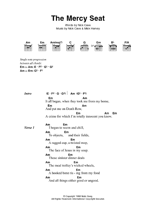 Johnny Cash The Mercy Seat Sheet Music Notes & Chords for Piano, Vocal & Guitar (Right-Hand Melody) - Download or Print PDF