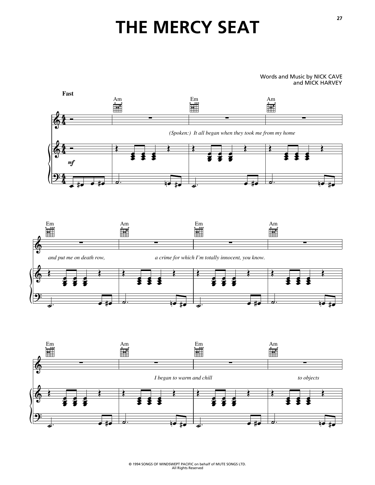 Johnny Cash The Mercy Seat Sheet Music Notes & Chords for Piano, Vocal & Guitar (Right-Hand Melody) - Download or Print PDF