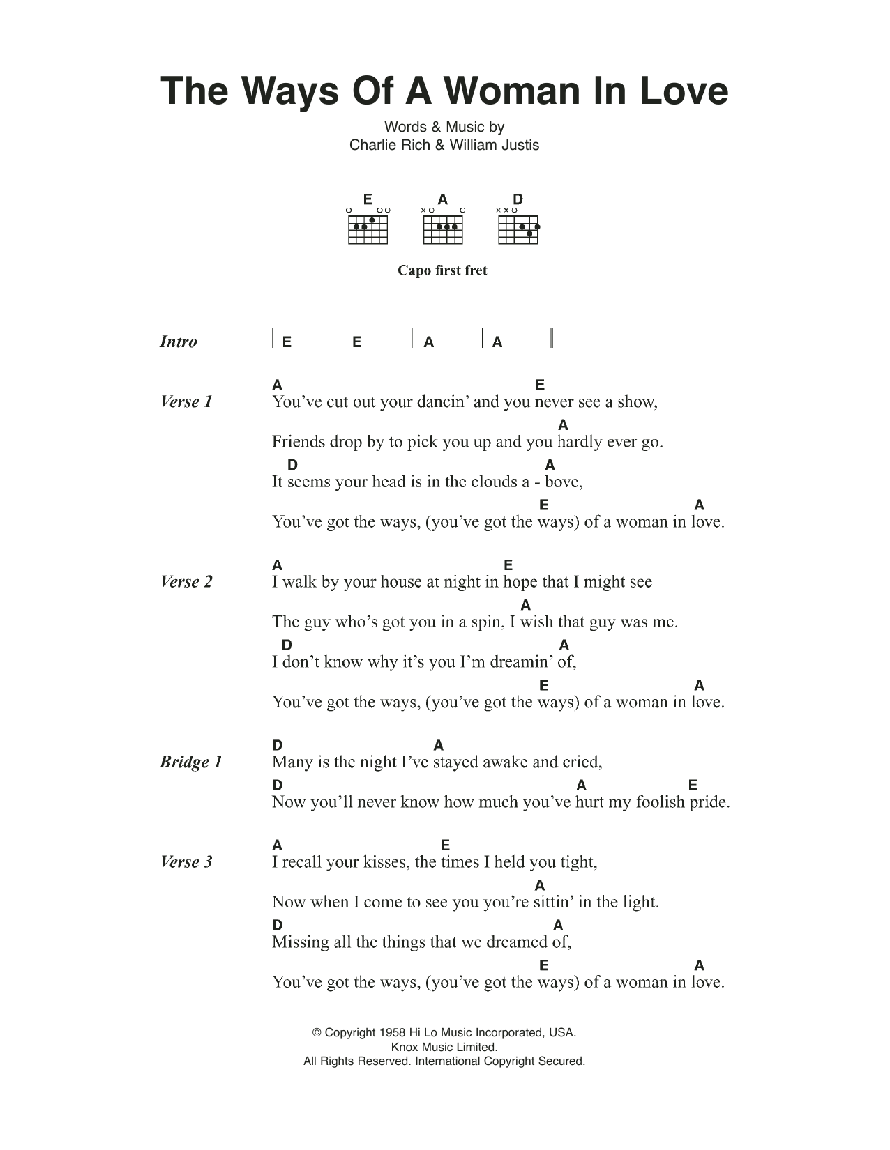 Johnny Cash The Ways Of A Woman In Love Sheet Music Notes & Chords for Lyrics & Chords - Download or Print PDF