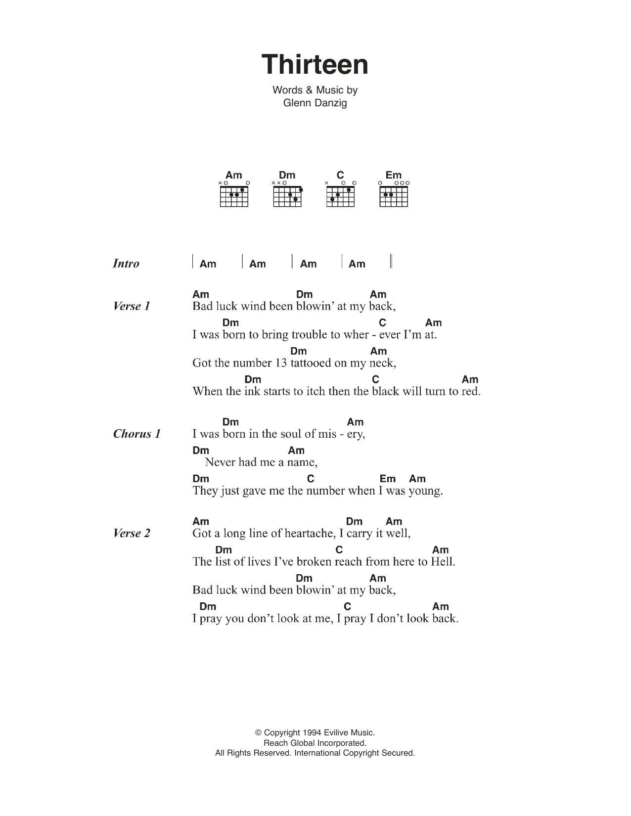 Johnny Cash Thirteen Sheet Music Notes & Chords for Lyrics & Chords - Download or Print PDF