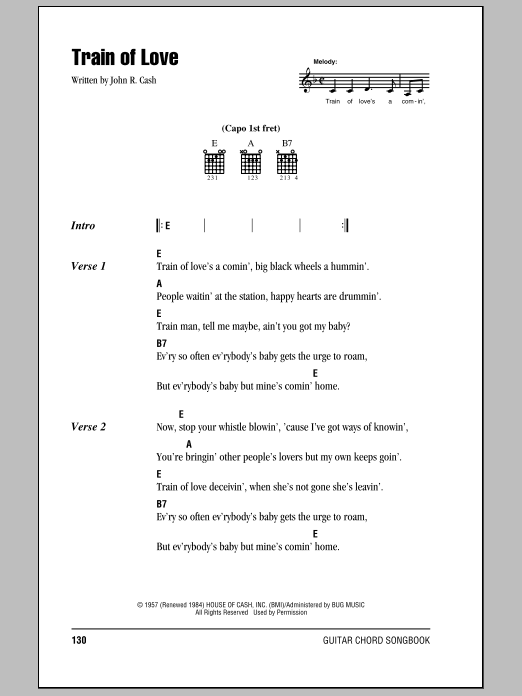 Johnny Cash Train Of Love Sheet Music Notes & Chords for Piano, Vocal & Guitar (Right-Hand Melody) - Download or Print PDF