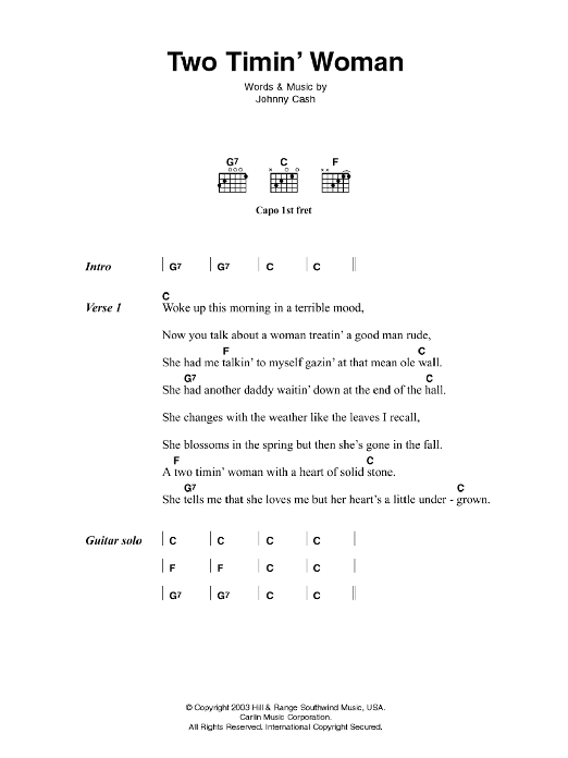 Johnny Cash Two Timin' Woman Sheet Music Notes & Chords for Lyrics & Chords - Download or Print PDF