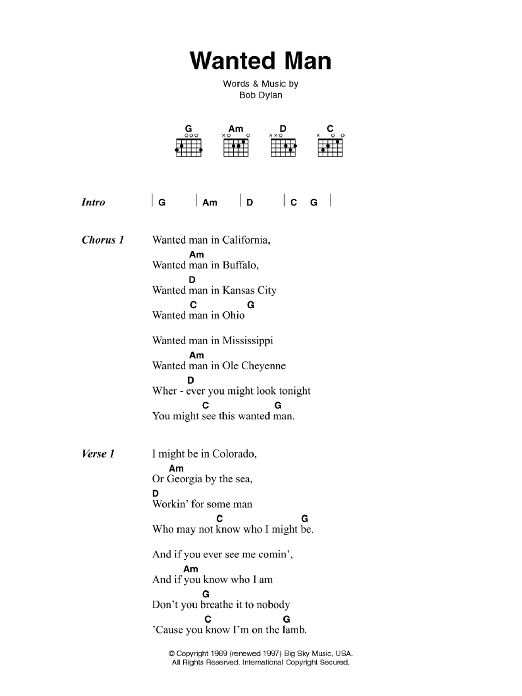 Johnny Cash Wanted Man Sheet Music Notes & Chords for Lyrics & Chords - Download or Print PDF