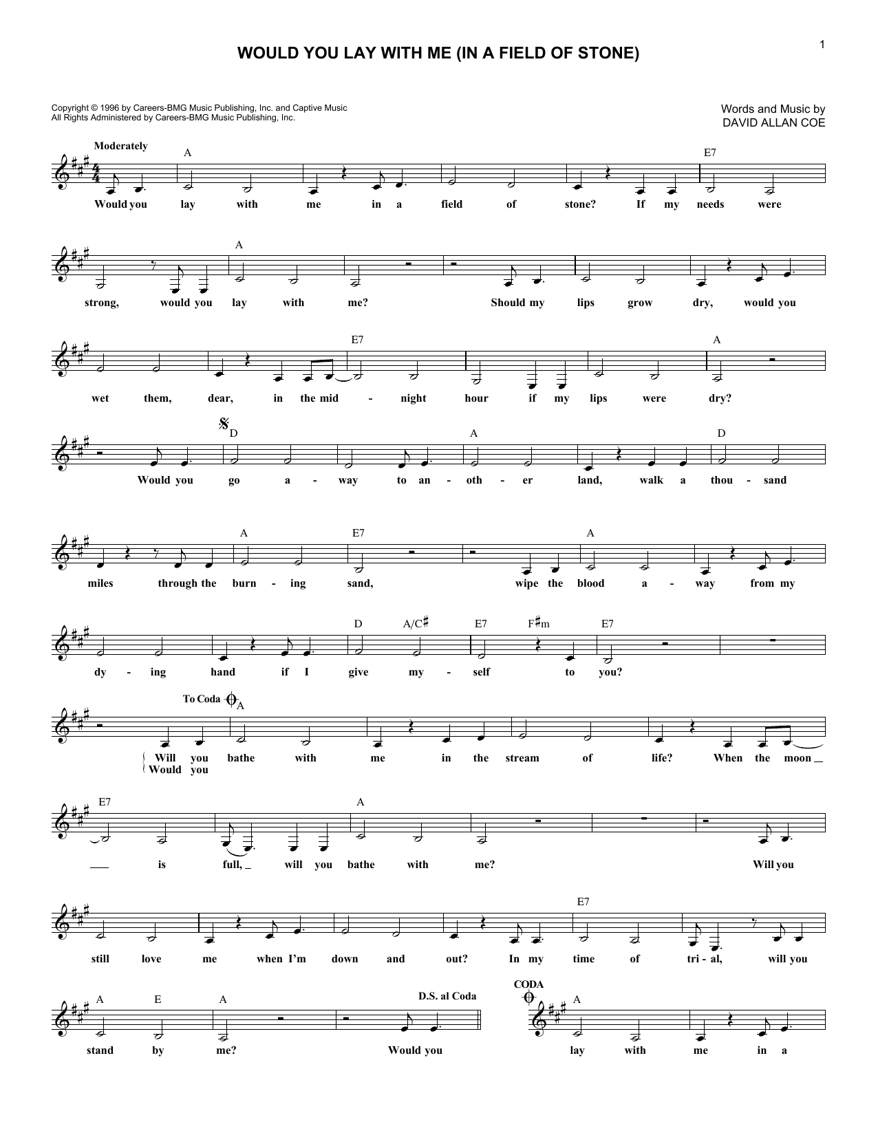 Johnny Cash Would You Lay With Me (In A Field Of Stone) Sheet Music Notes & Chords for Melody Line, Lyrics & Chords - Download or Print PDF