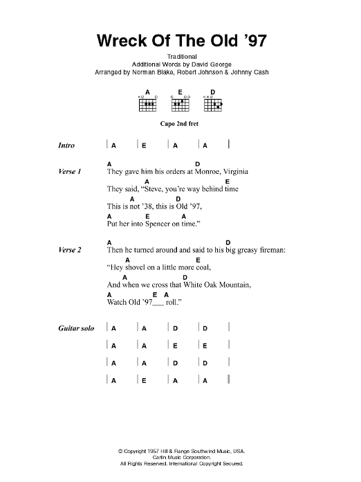 Johnny Cash Wreck Of The Old '97 Sheet Music Notes & Chords for Lyrics & Chords - Download or Print PDF