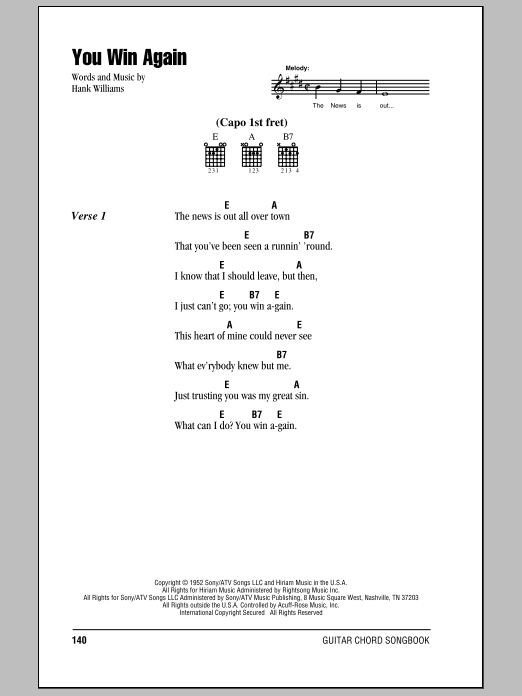 Johnny Cash You Win Again Sheet Music Notes & Chords for Lyrics & Chords - Download or Print PDF