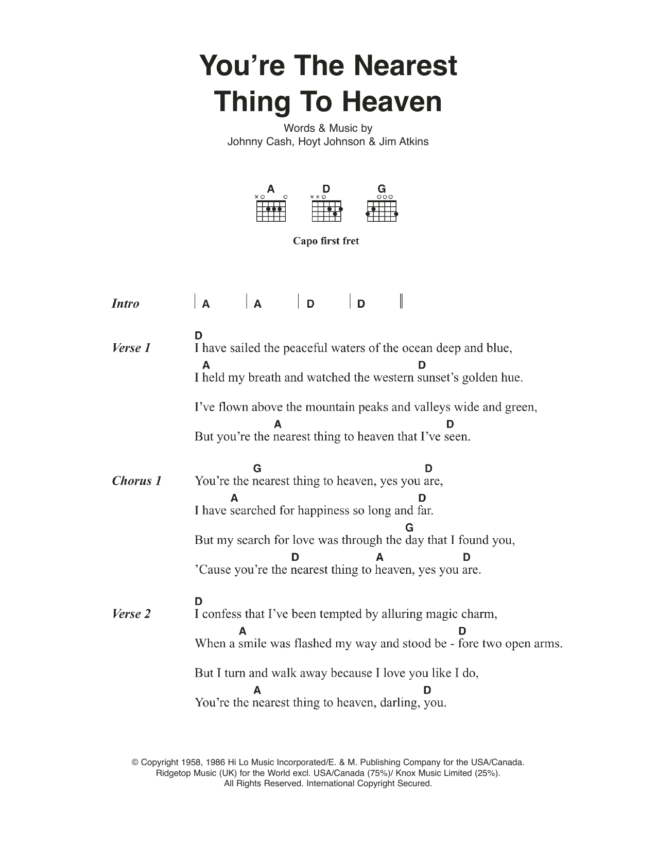 Johnny Cash You're The Nearest Thing To Heaven Sheet Music Notes & Chords for Lyrics & Chords - Download or Print PDF