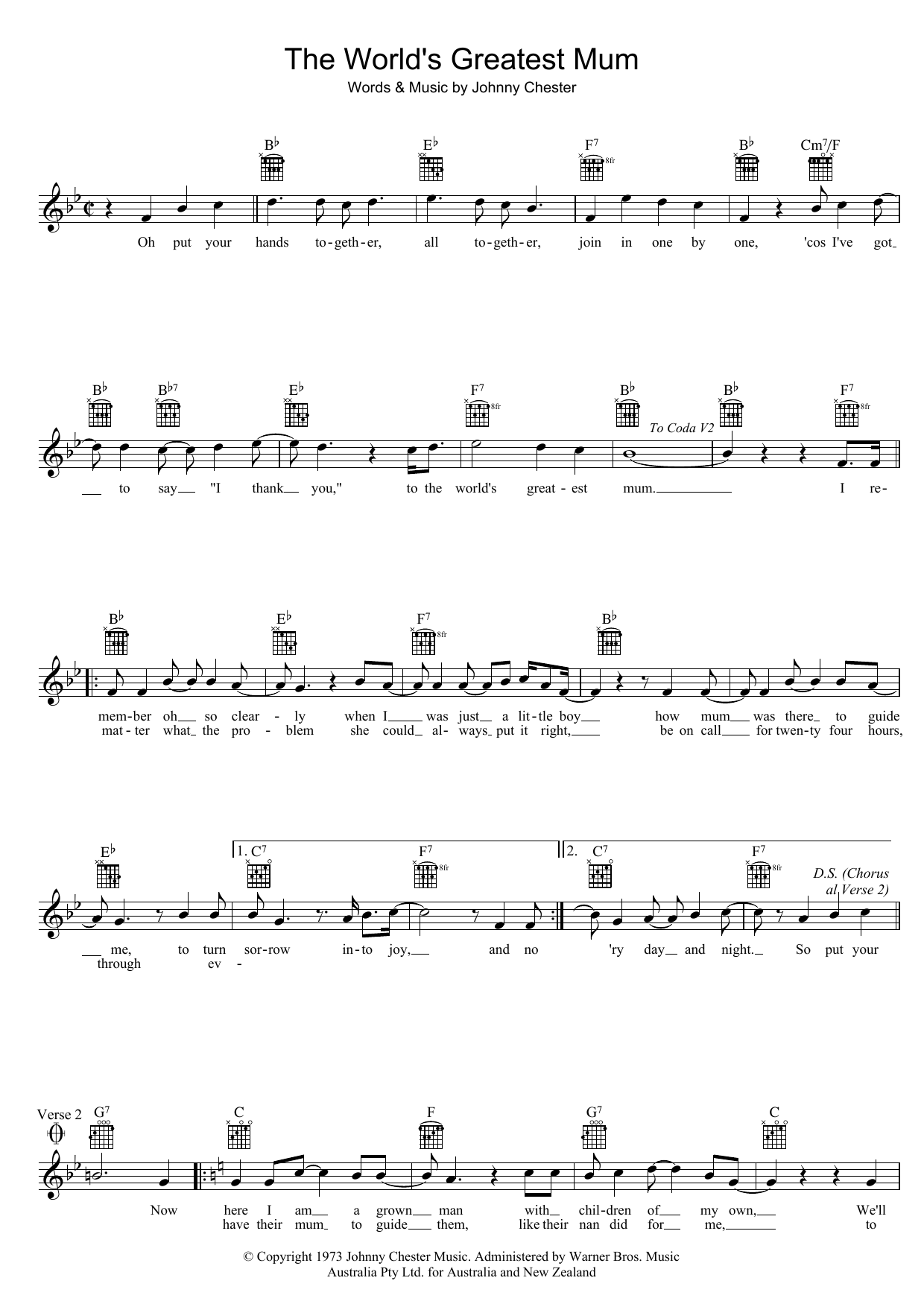 Johnny Chester The World's Greatest Mum Sheet Music Notes & Chords for Melody Line, Lyrics & Chords - Download or Print PDF