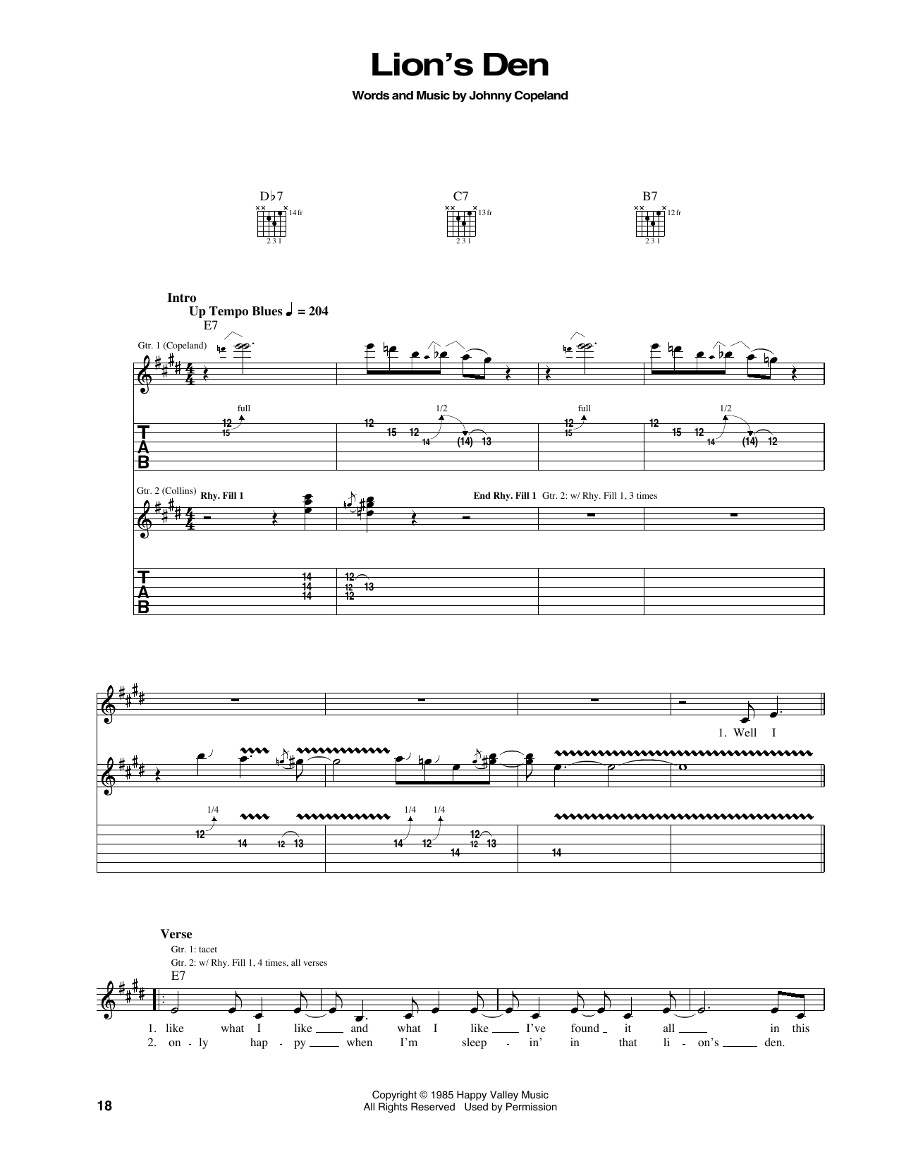 Johnny Copeland Lion's Den Sheet Music Notes & Chords for Guitar Tab - Download or Print PDF