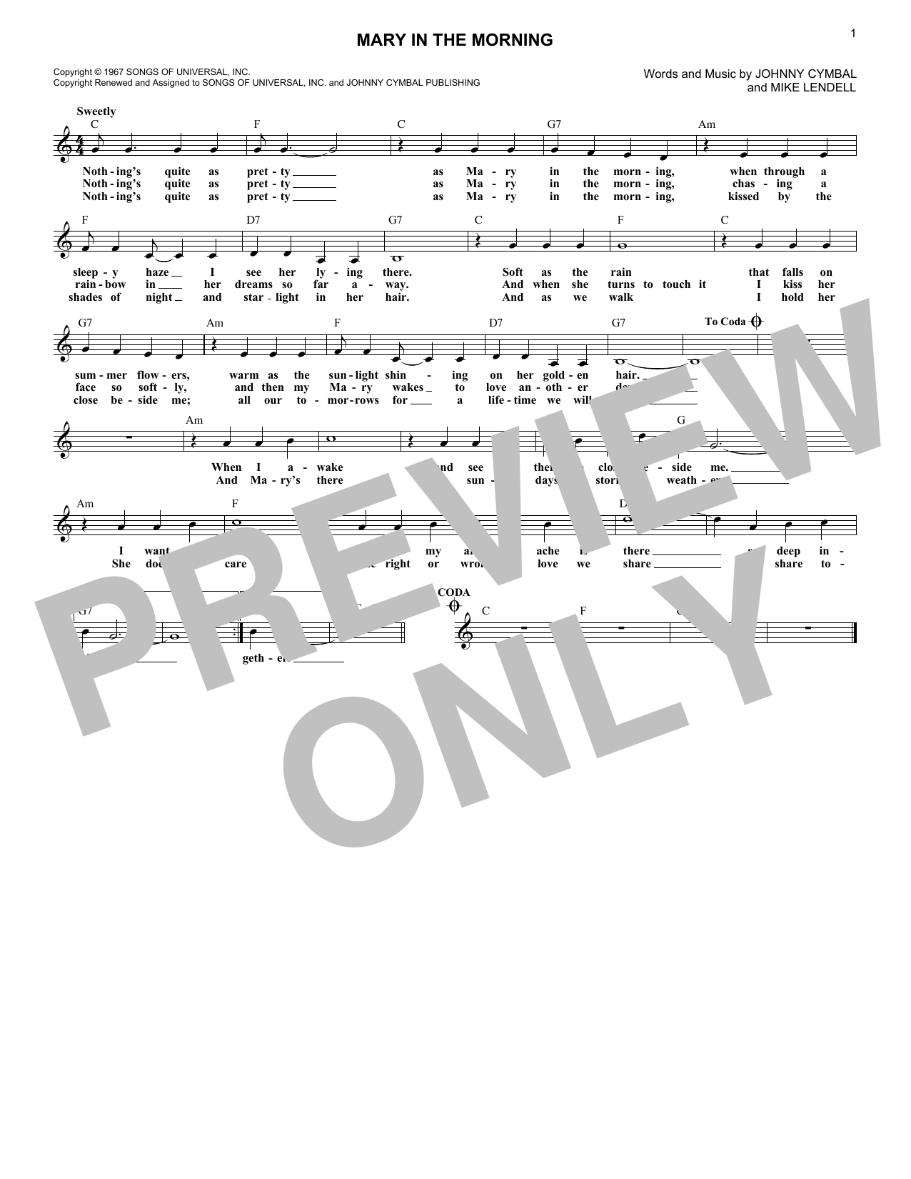 Johnny Cymbal Mary In The Morning Sheet Music Notes & Chords for Melody Line, Lyrics & Chords - Download or Print PDF