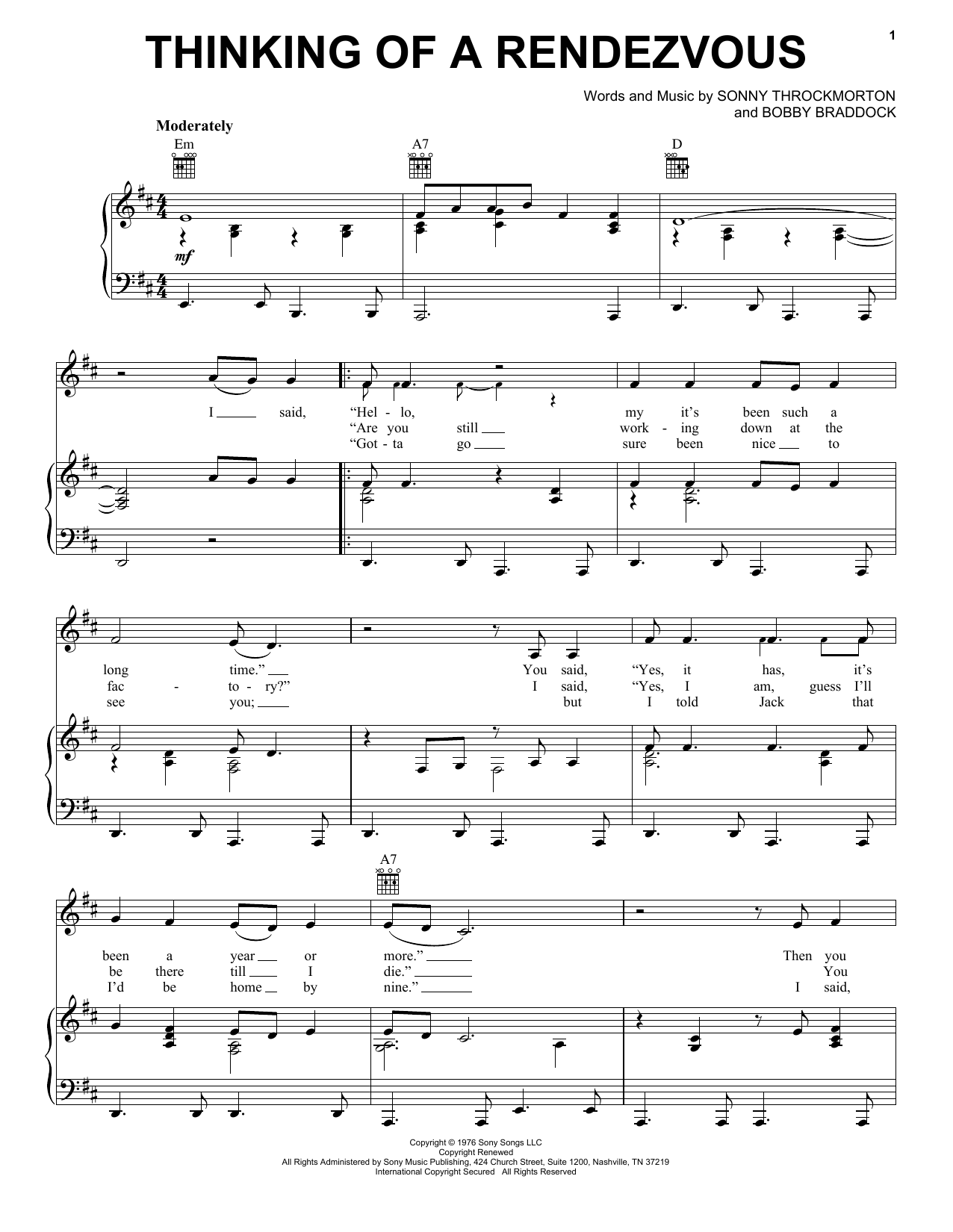 Johnny Duncan Thinking Of A Rendezvous Sheet Music Notes & Chords for Piano, Vocal & Guitar Chords (Right-Hand Melody) - Download or Print PDF