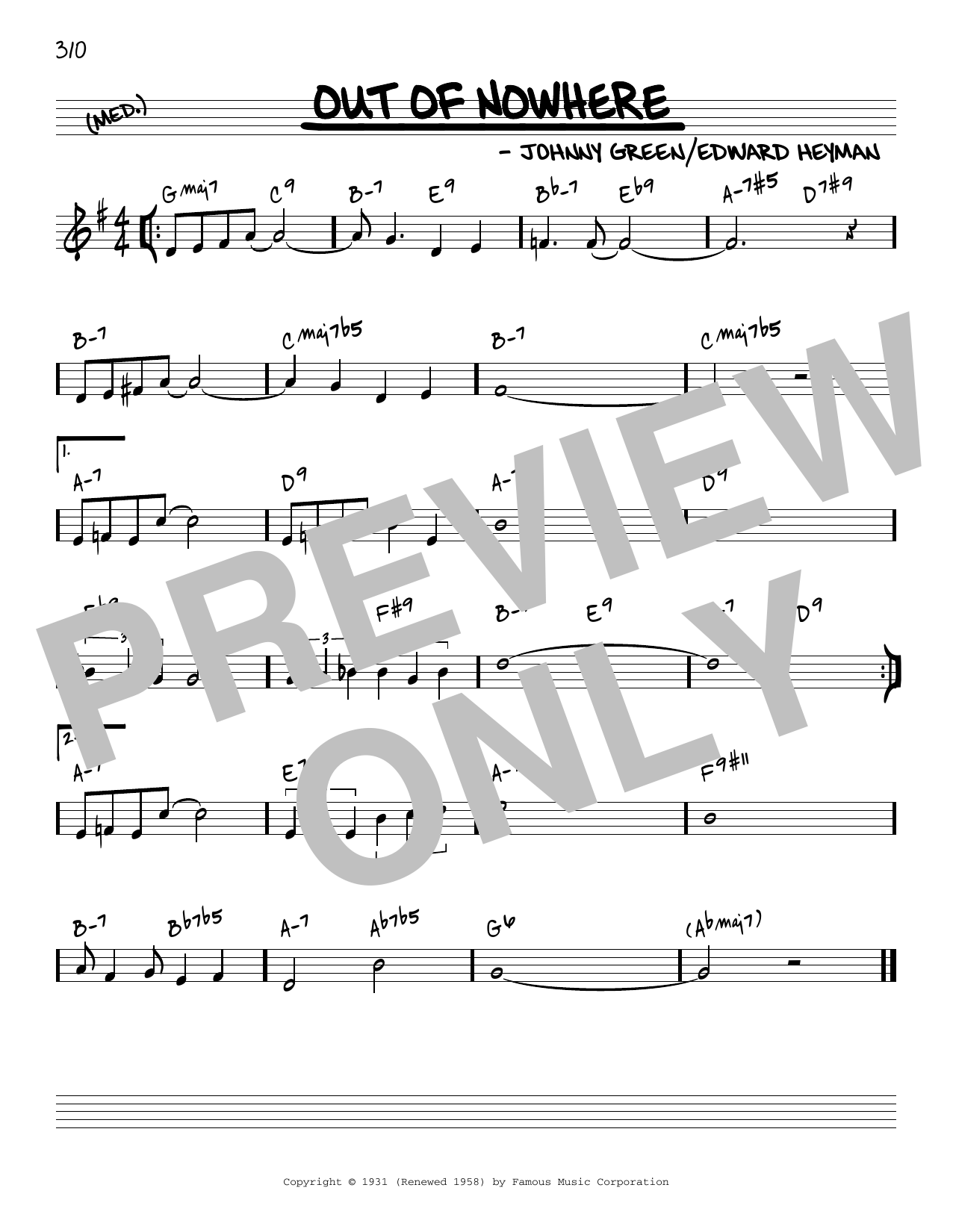 Johnny Green Out Of Nowhere [Reharmonized version] (arr. Jack Grassel) Sheet Music Notes & Chords for Real Book – Melody & Chords - Download or Print PDF