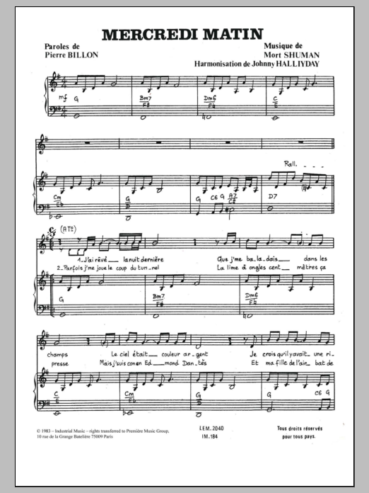 Johnny Hallyday Mercredi Matin Sheet Music Notes & Chords for Piano & Vocal - Download or Print PDF