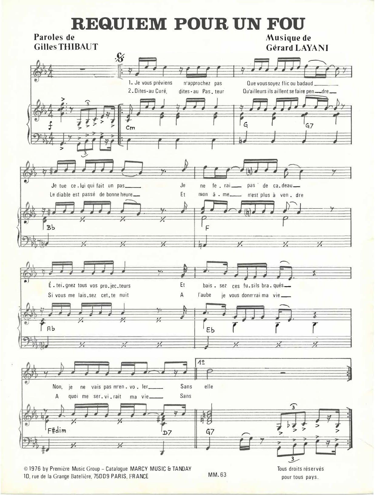 Johnny Hallyday Requiem Pour Un Fou Sheet Music Notes & Chords for Piano & Vocal - Download or Print PDF
