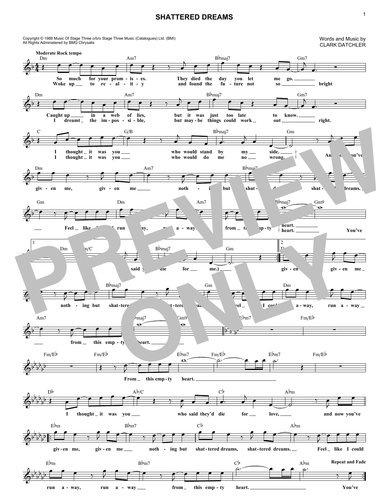 Johnny Hates Jazz Shattered Dreams Sheet Music Notes & Chords for Melody Line, Lyrics & Chords - Download or Print PDF