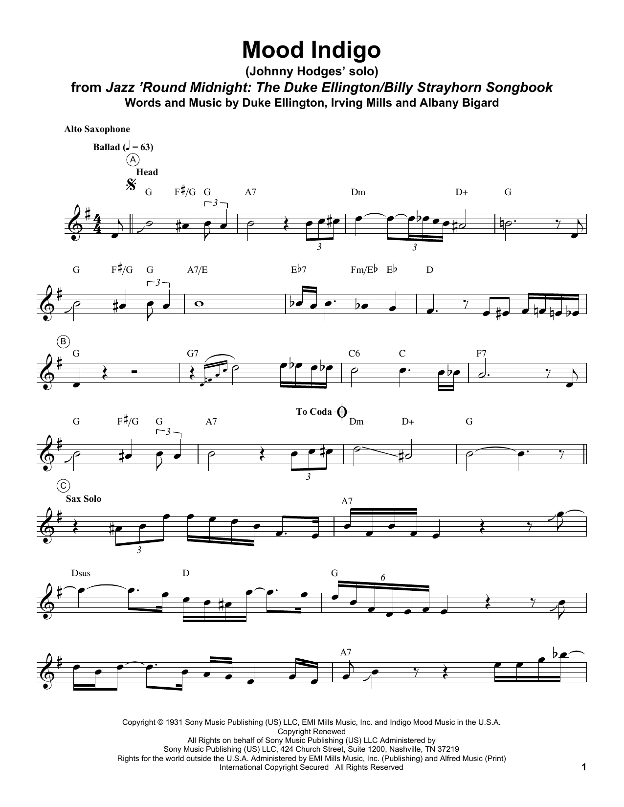 Johnny Hodges Mood Indigo Sheet Music Notes & Chords for Alto Sax Transcription - Download or Print PDF