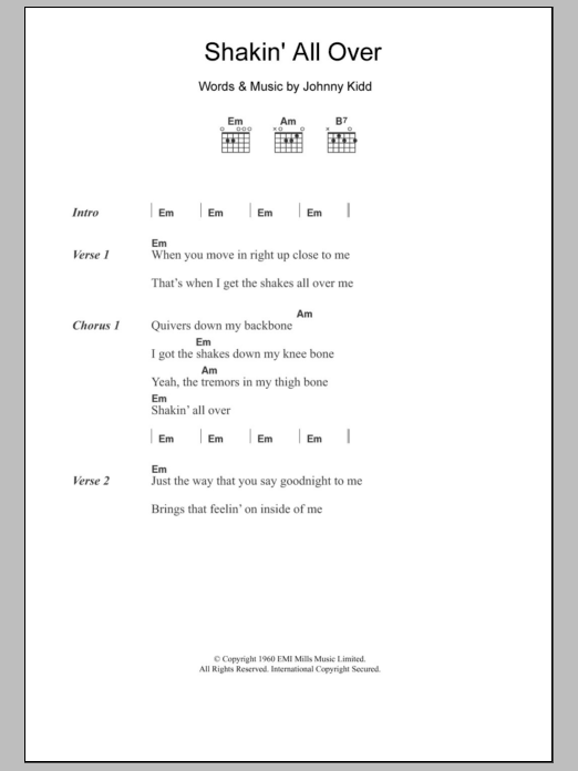 Johnny Kidd Shakin' All Over Sheet Music Notes & Chords for Lyrics & Chords - Download or Print PDF