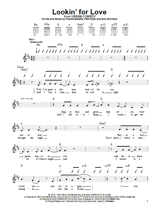 Johnny Lee Lookin' For Love Sheet Music Notes & Chords for Easy Guitar - Download or Print PDF