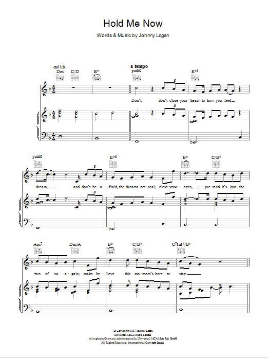 Johnny Logan Hold Me Now Sheet Music Notes & Chords for Piano, Vocal & Guitar (Right-Hand Melody) - Download or Print PDF