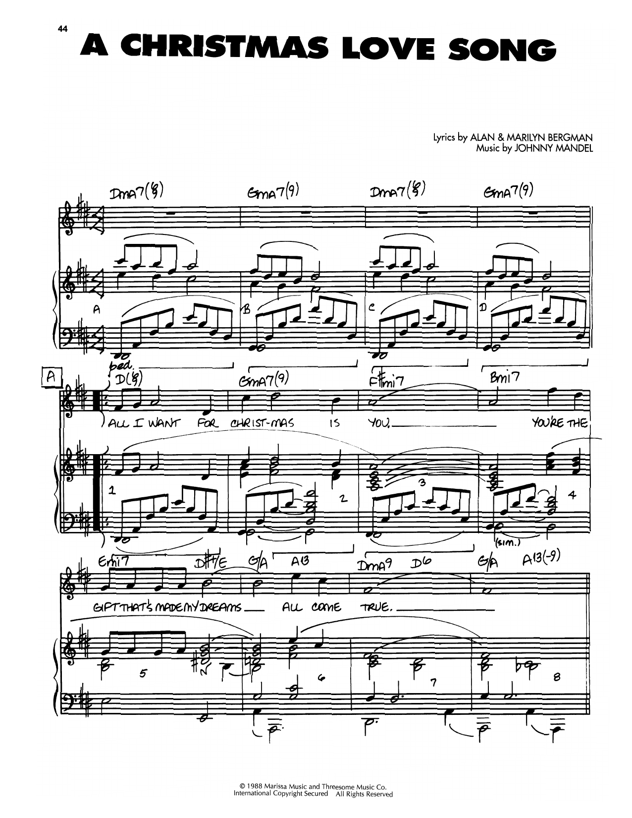 Johnny Mandel A Christmas Love Song Sheet Music Notes & Chords for Piano, Vocal & Guitar Chords (Right-Hand Melody) - Download or Print PDF
