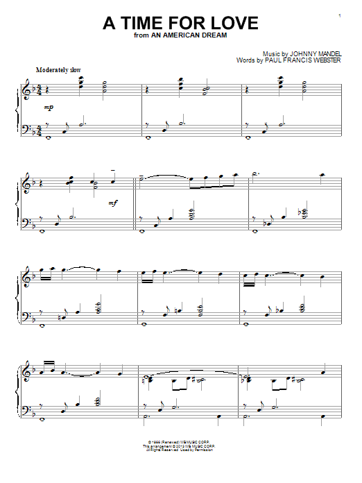 Johnny Mandel A Time For Love Sheet Music Notes & Chords for Piano, Vocal & Guitar Chords (Right-Hand Melody) - Download or Print PDF