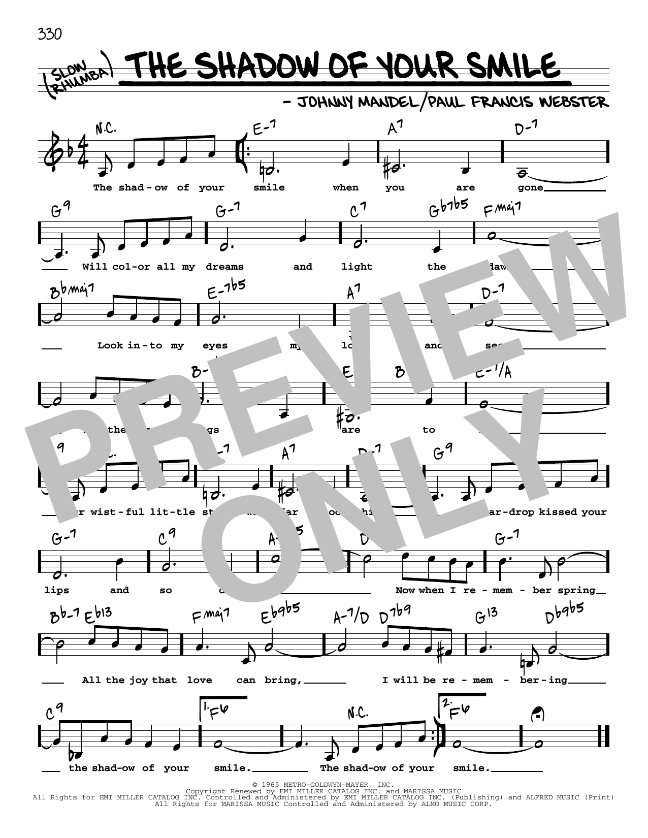 Johnny Mandel and Paul Francis Webster The Shadow Of Your Smile (Low Voice) Sheet Music Notes & Chords for Real Book – Melody, Lyrics & Chords - Download or Print PDF