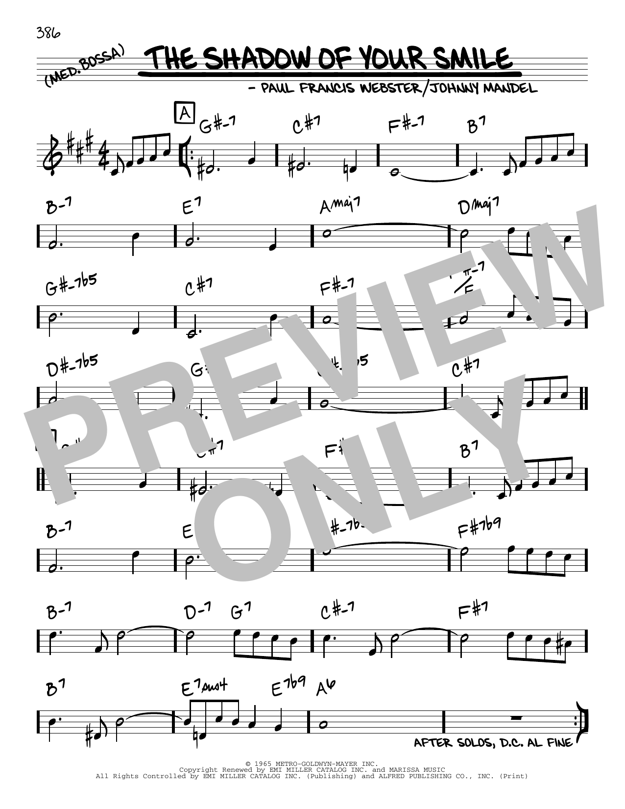 Johnny Mandel and Paul Francis Webster The Shadow Of Your Smile Sheet Music Notes & Chords for Real Book – Melody & Chords - Download or Print PDF