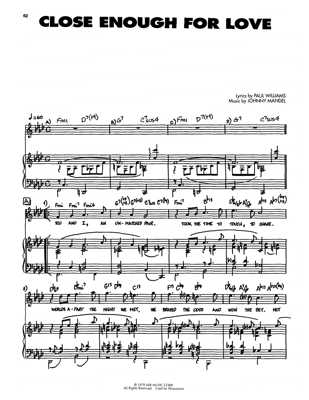 Johnny Mandel Close Enough For Love Sheet Music Notes & Chords for Piano, Vocal & Guitar Chords (Right-Hand Melody) - Download or Print PDF