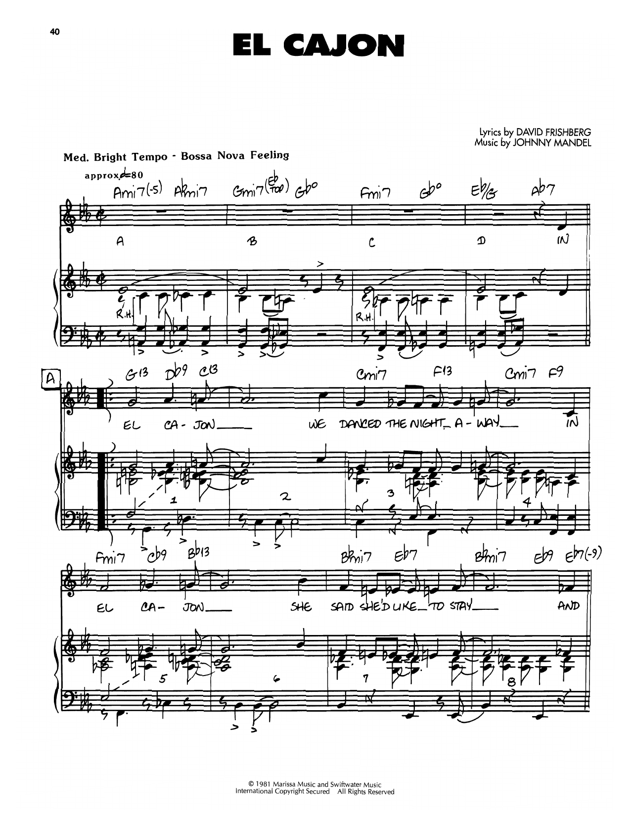 Johnny Mandel El Cajon Sheet Music Notes & Chords for Piano, Vocal & Guitar Chords (Right-Hand Melody) - Download or Print PDF