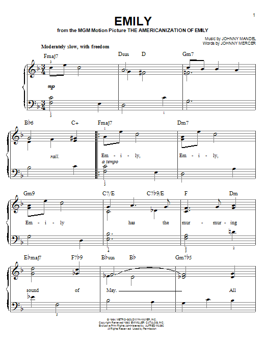 Johnny Mandel Emily Sheet Music Notes & Chords for Melody Line, Lyrics & Chords - Download or Print PDF