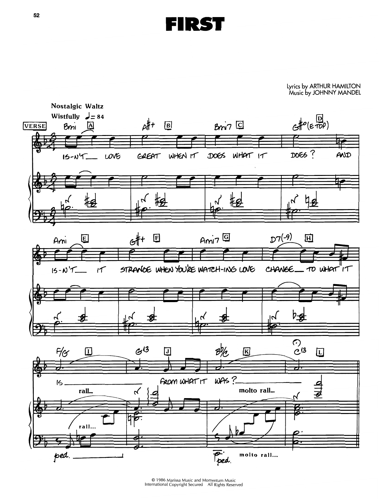 Johnny Mandel First Sheet Music Notes & Chords for Piano, Vocal & Guitar Chords (Right-Hand Melody) - Download or Print PDF