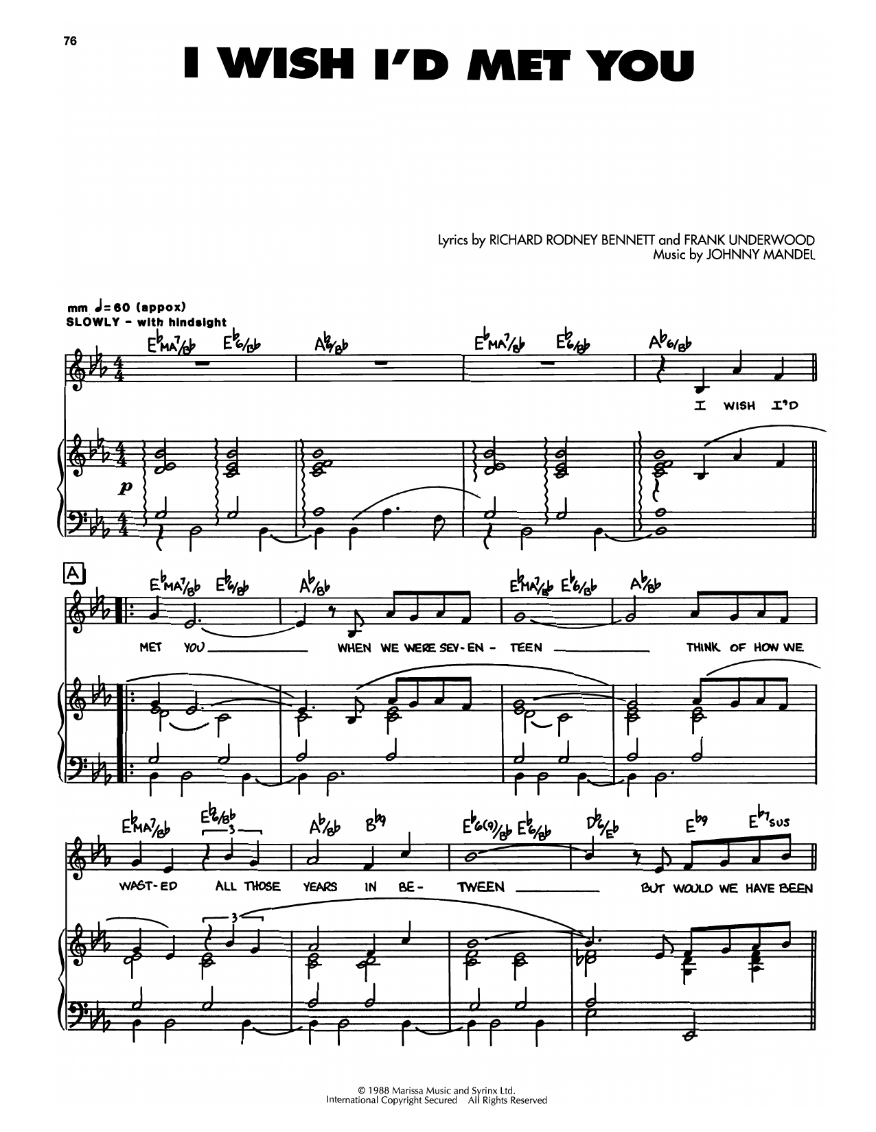 Johnny Mandel I Wish I'd Met You Sheet Music Notes & Chords for Piano, Vocal & Guitar Chords (Right-Hand Melody) - Download or Print PDF