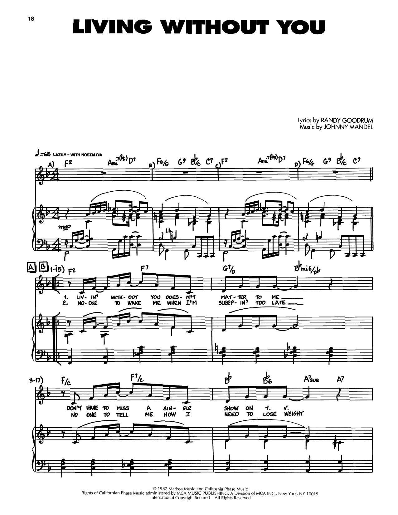 Johnny Mandel Living Without You Sheet Music Notes & Chords for Piano, Vocal & Guitar Chords (Right-Hand Melody) - Download or Print PDF