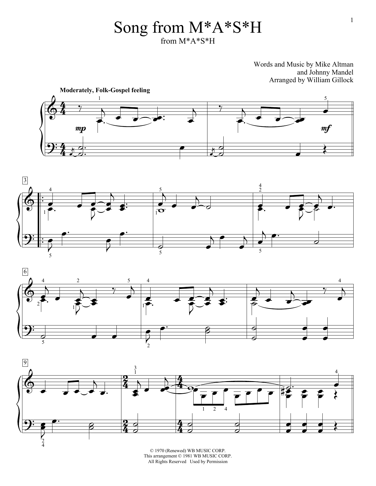 Johnny Mandel Song From M*A*S*H (Suicide Is Painless) (arr. William Gillock) Sheet Music Notes & Chords for Educational Piano - Download or Print PDF