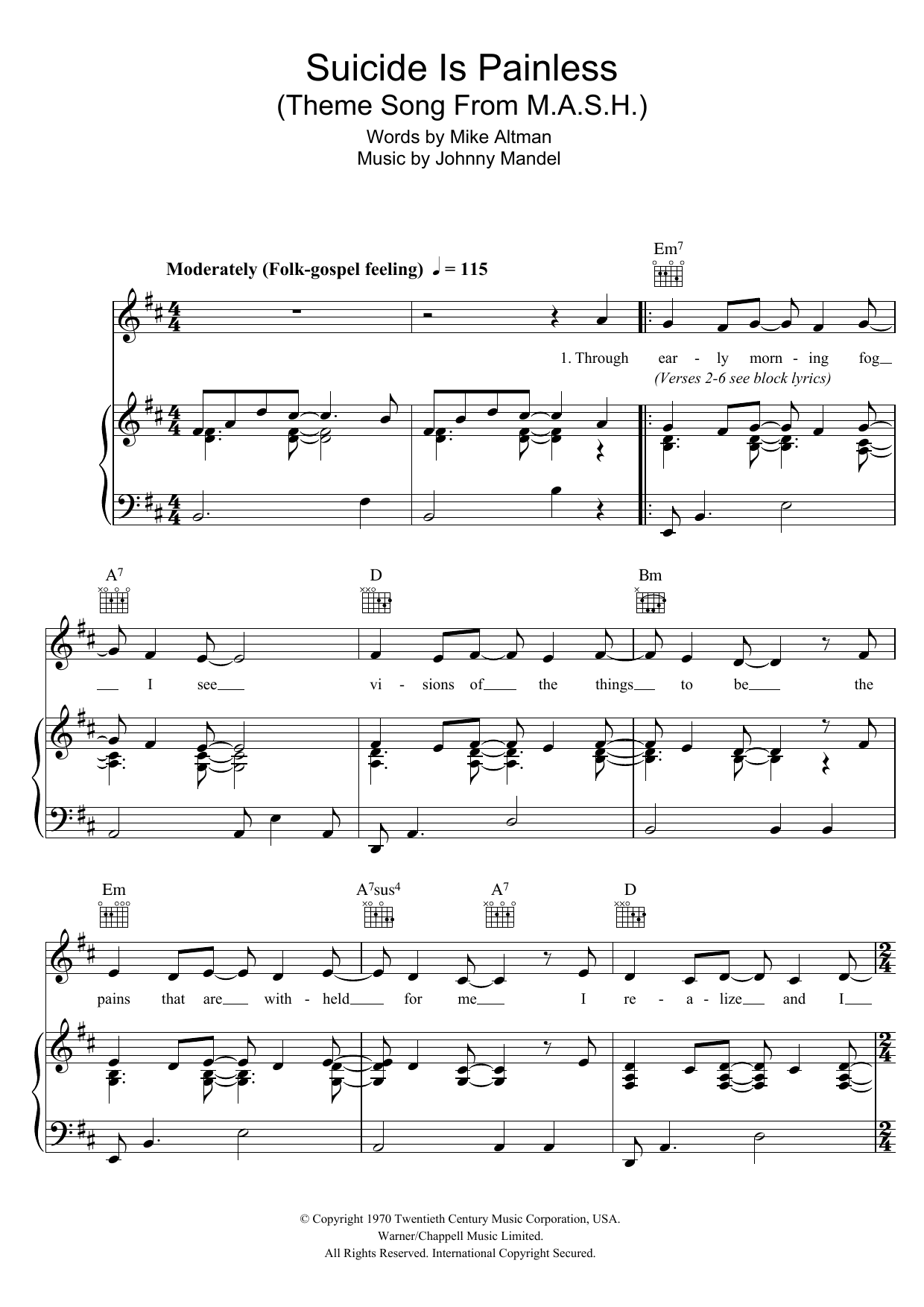 Johnny Mandel Song From M*A*S*H (Suicide Is Painless) Sheet Music Notes & Chords for Keyboard - Download or Print PDF