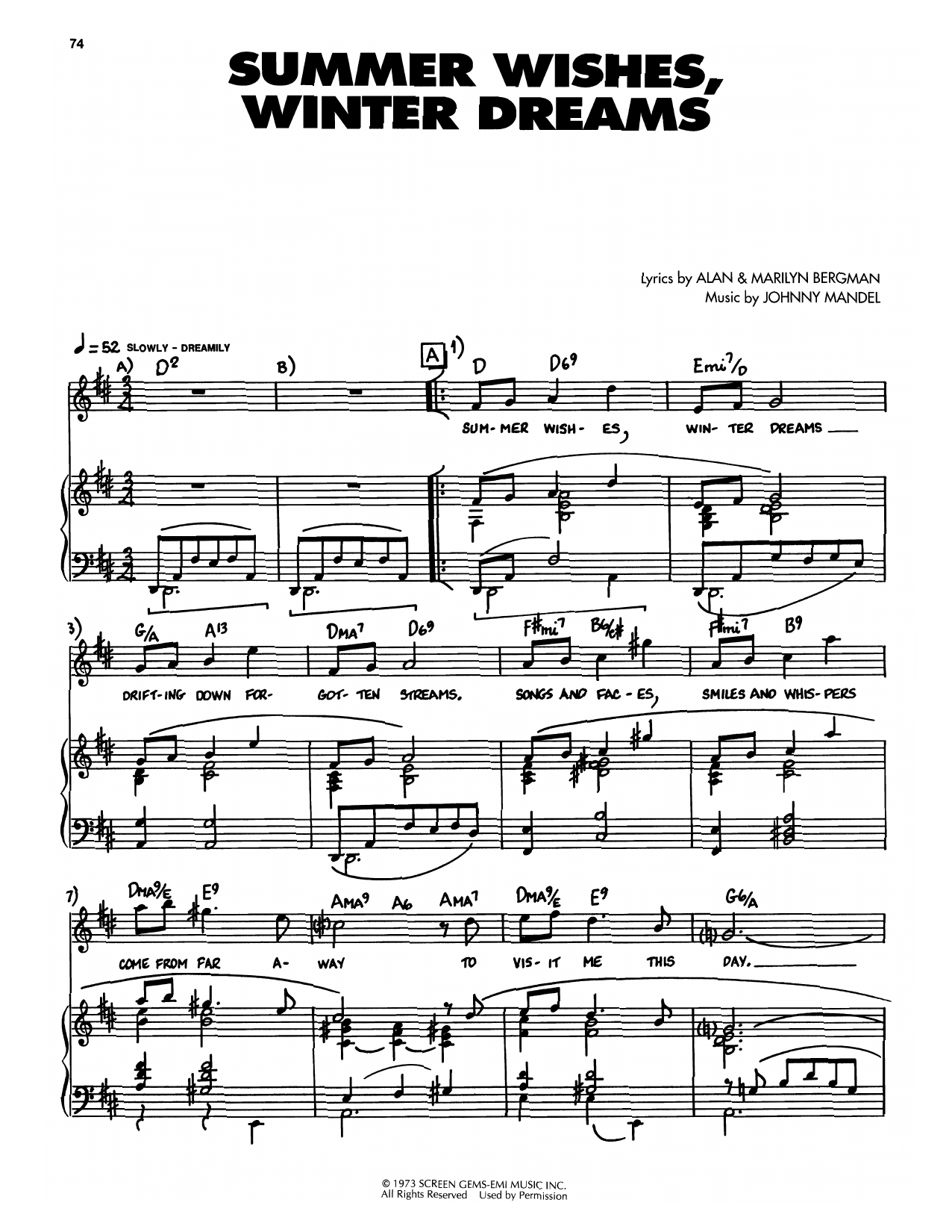 Johnny Mandel Summer Wishes, Winter Dreams Sheet Music Notes & Chords for Piano, Vocal & Guitar Chords (Right-Hand Melody) - Download or Print PDF
