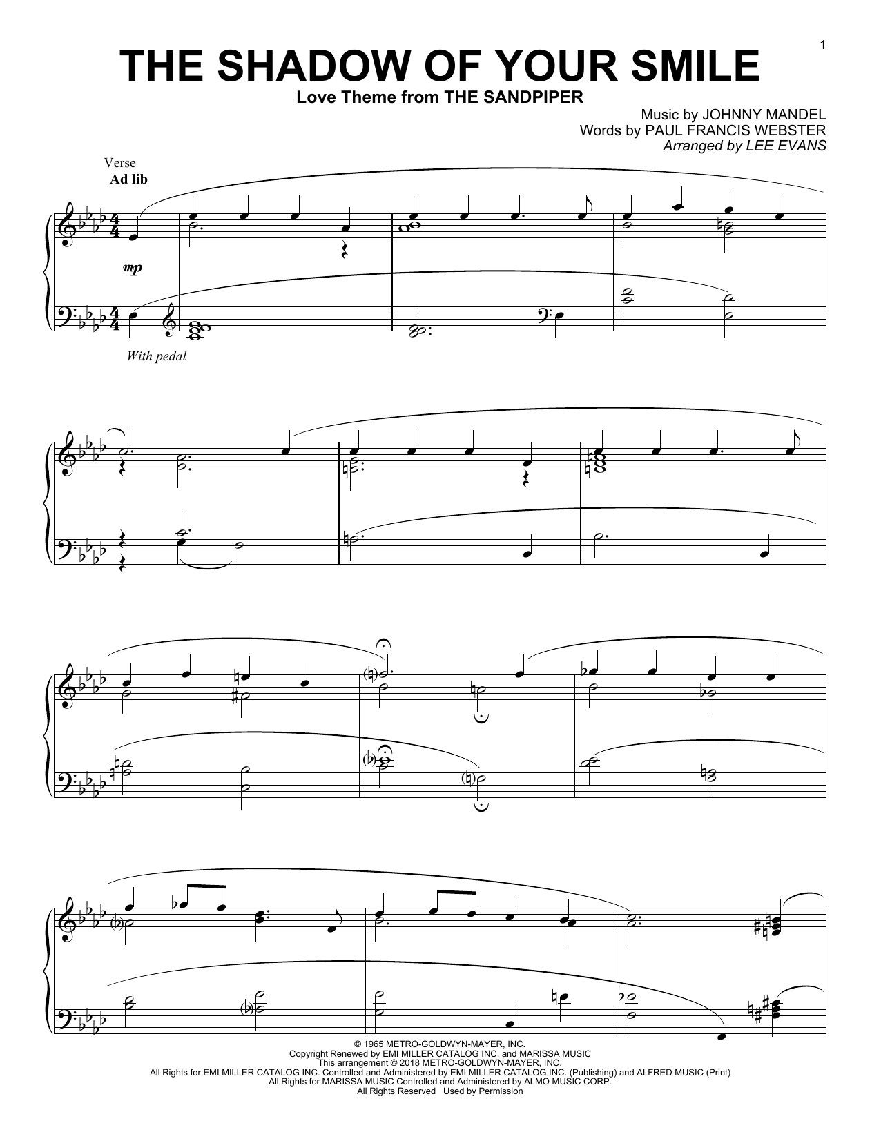 Johnny Mandel The Shadow Of Your Smile (arr. Lee Evans) Sheet Music Notes & Chords for Piano Solo - Download or Print PDF