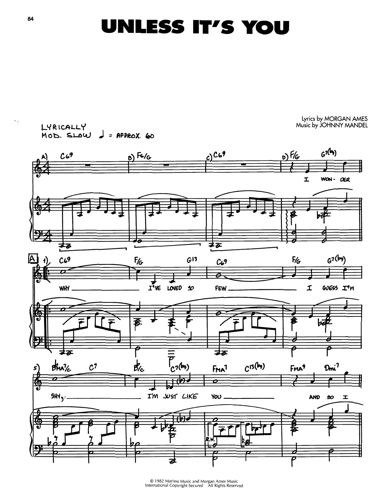 Johnny Mandel Unless It's You Sheet Music Notes & Chords for Piano, Vocal & Guitar Chords (Right-Hand Melody) - Download or Print PDF