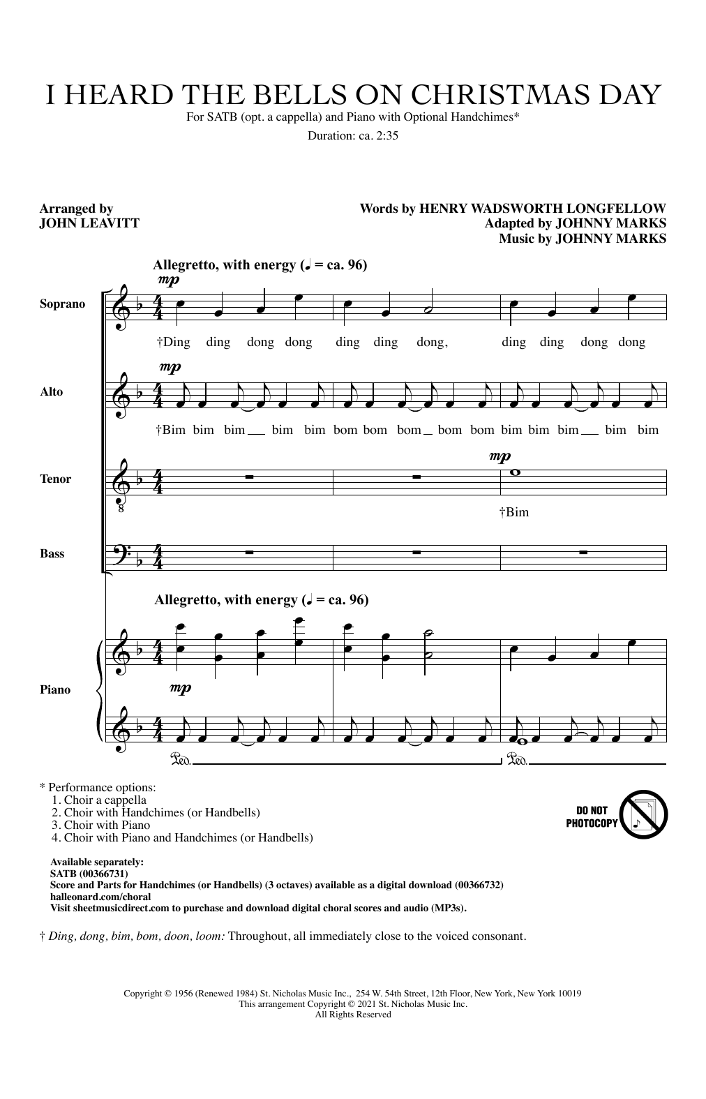 Johnny Marks I Heard The Bells On Christmas Day (arr. John Leavitt) Sheet Music Notes & Chords for SATB Choir - Download or Print PDF