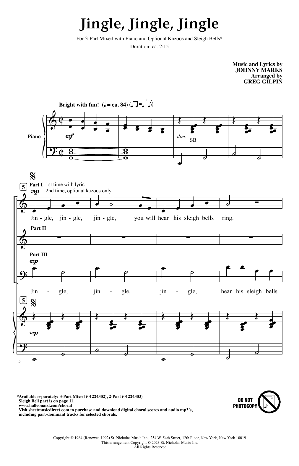 Johnny Marks Jingle, Jingle, Jingle (arr. Greg Gilpin) Sheet Music Notes & Chords for 3-Part Mixed Choir - Download or Print PDF
