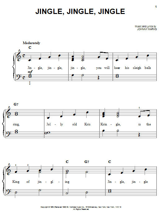 Johnny Marks Jingle, Jingle, Jingle Sheet Music Notes & Chords for Piano, Vocal & Guitar (Right-Hand Melody) - Download or Print PDF