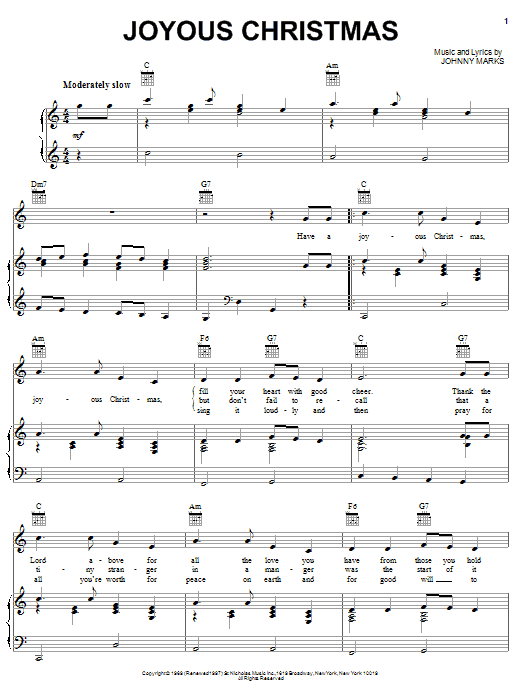 Johnny Marks Joyous Christmas Sheet Music Notes & Chords for Piano, Vocal & Guitar (Right-Hand Melody) - Download or Print PDF Johnny Marks Joyous Christmas Sheet Music Notes & Chords for Piano, Vocal & Guitar (Right-Hand Melody) - Download or Print PDF