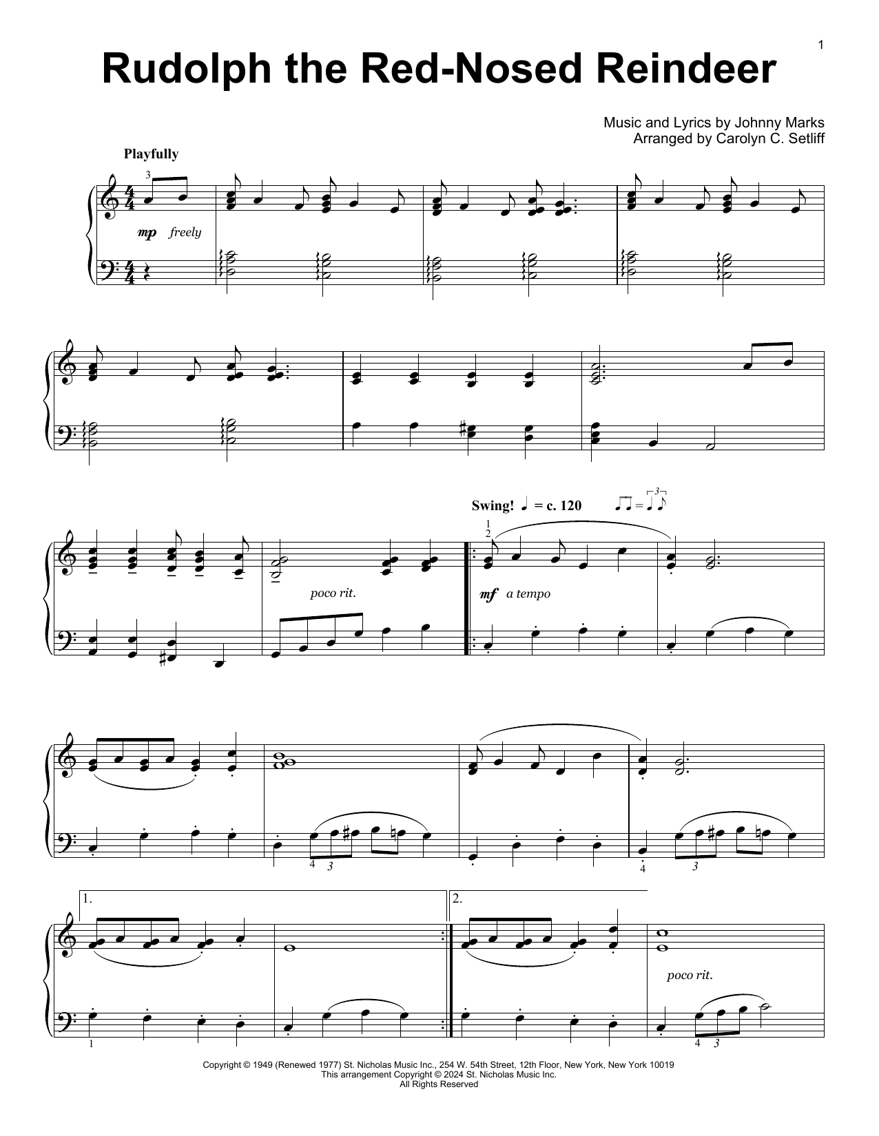 Johnny Marks Rudolph The Red-Nosed Reindeer (arr. Carolyn C. Setliff) Sheet Music Notes & Chords for Educational Piano - Download or Print PDF