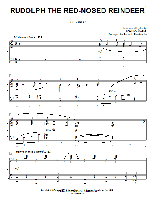 Johnny Marks Rudolph The Red-Nosed Reindeer (arr. Eugenie Rocherolle) Sheet Music Notes & Chords for Piano Duet - Download or Print PDF