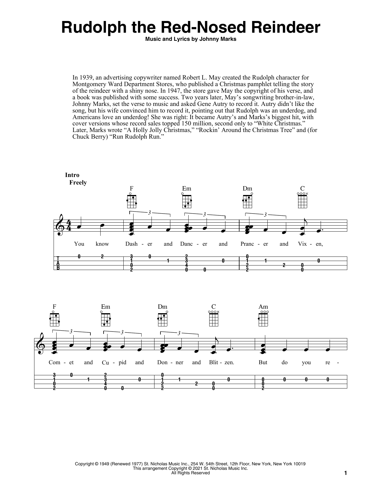 Johnny Marks Rudolph The Red-Nosed Reindeer (arr. Fred Sokolow) Sheet Music Notes & Chords for Ukulele - Download or Print PDF