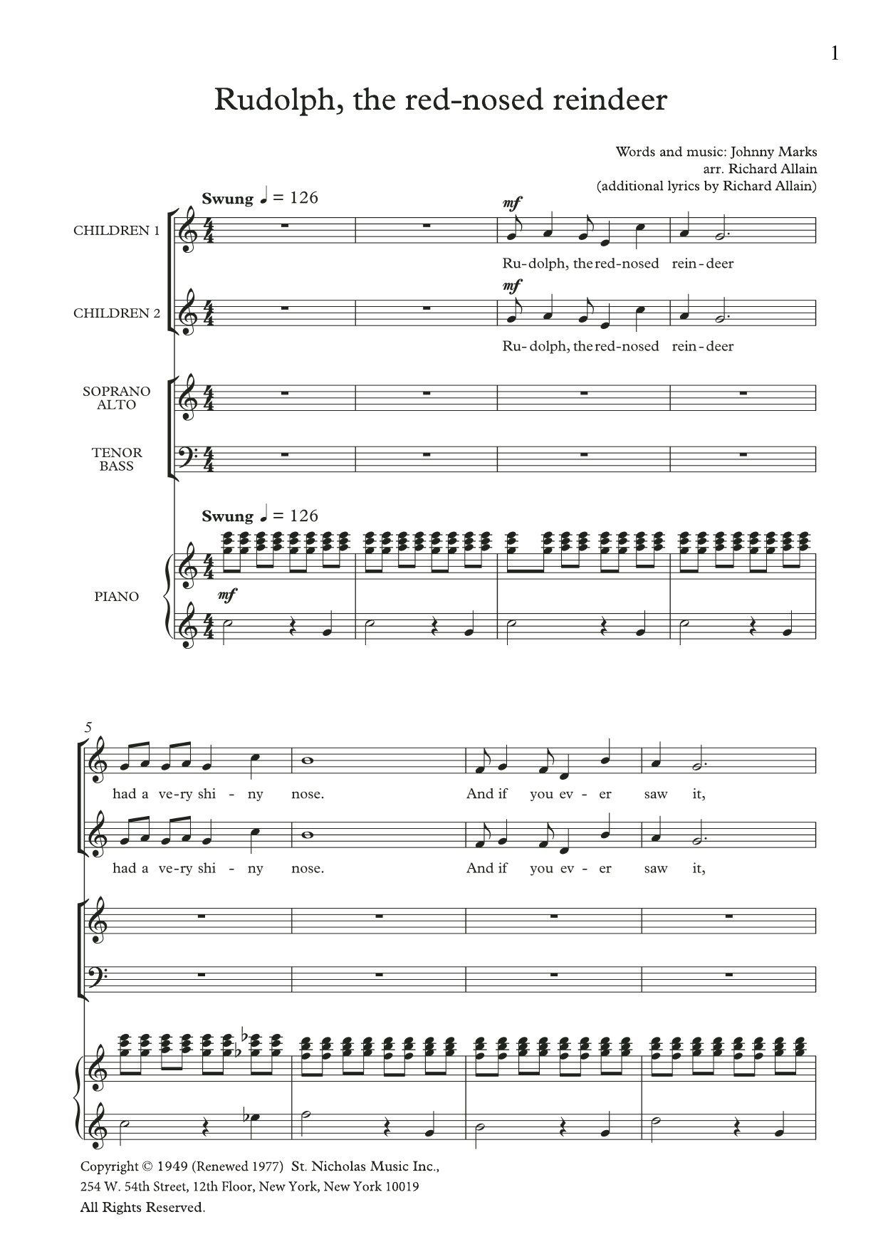 Johnny Marks Rudolph The Red-Nosed Reindeer (arr. Richard Allain) Sheet Music Notes & Chords for SATB Choir - Download or Print PDF
