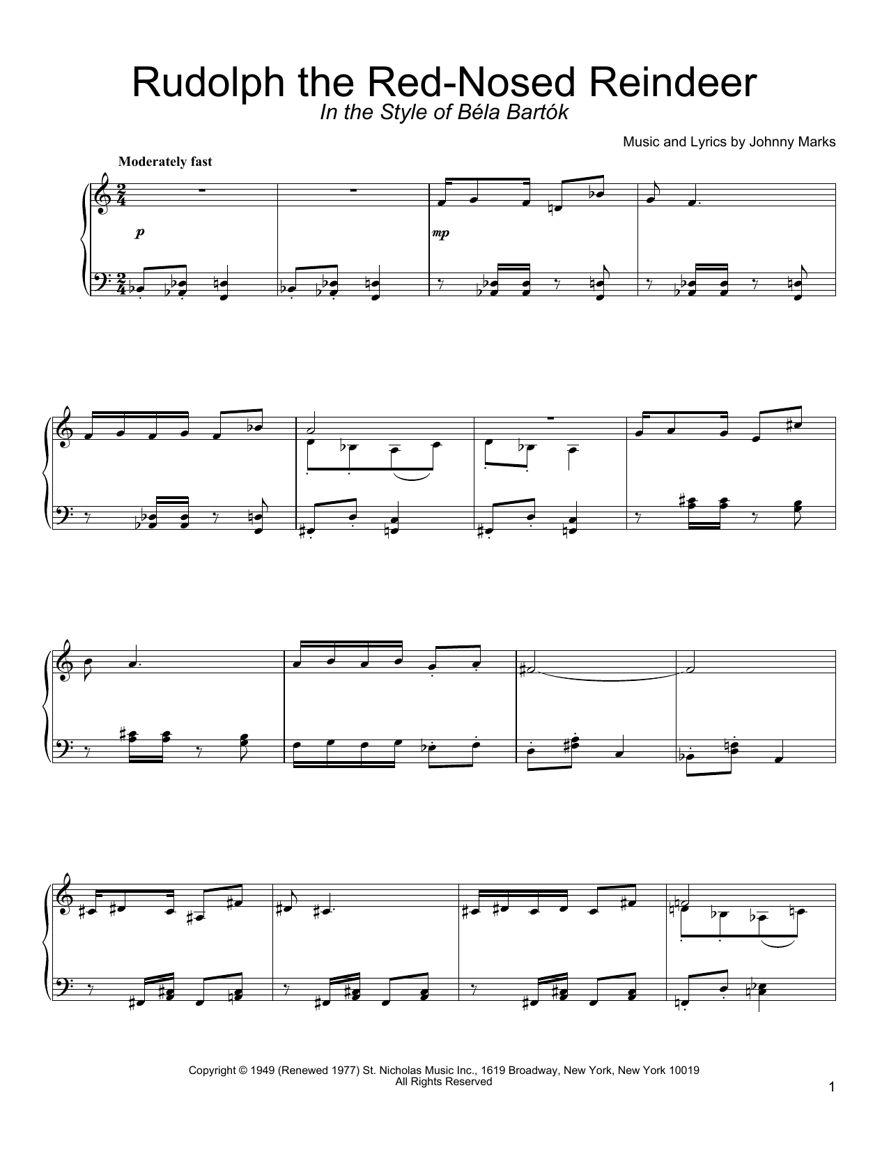 Johnny Marks Rudolph The Red-Nosed Reindeer (in the style of Bela Bartok) Sheet Music Notes & Chords for Piano - Download or Print PDF