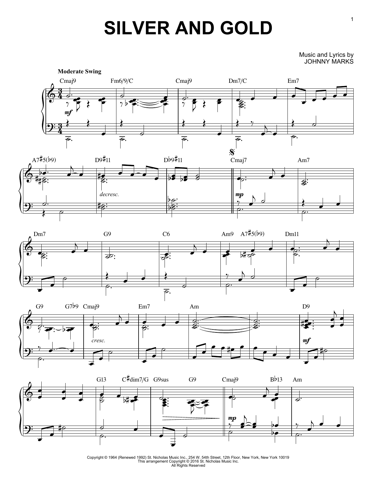 Johnny Marks Silver And Gold [Jazz version] (arr. Brent Edstrom) Sheet Music Notes & Chords for Piano - Download or Print PDF